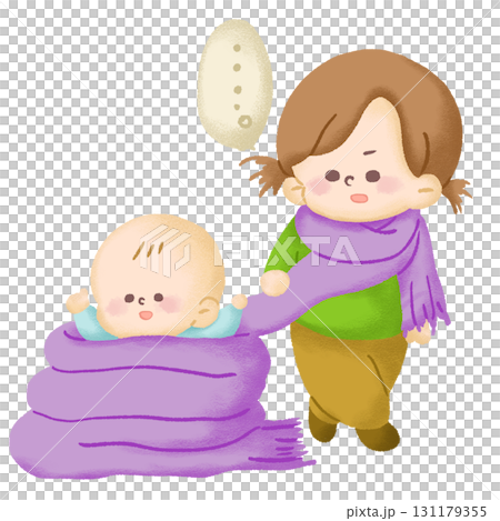マフラーに巻かれて遊んでいる赤ちゃんを呆然と見つめるお姉ちゃんのイラスト 131179355