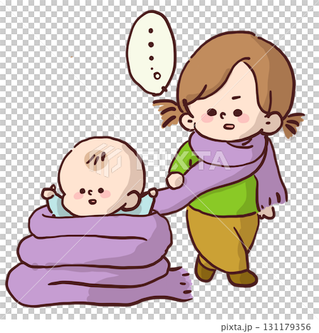 マフラーに巻かれて遊んでいる赤ちゃんを呆然と見つめるお姉ちゃんのイラスト 131179356