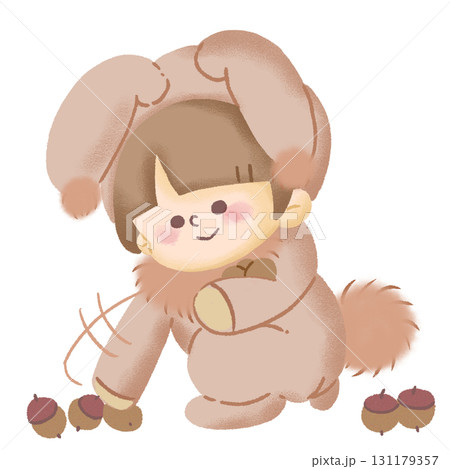 うさぎの着ぐるみを着て落ちているどんぐりを拾い集めている子どものイラスト 131179357