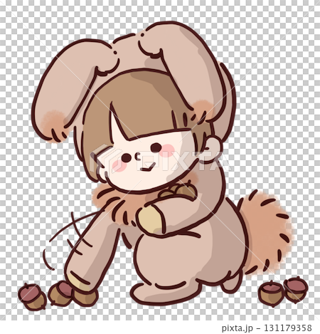 Illustration of a child wearing a rabbit costume picking up fallen acorns 131179358
