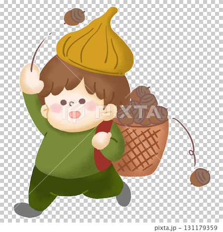Illustration of a child wearing an acorn hat and carrying a basket full of acorns 131179359