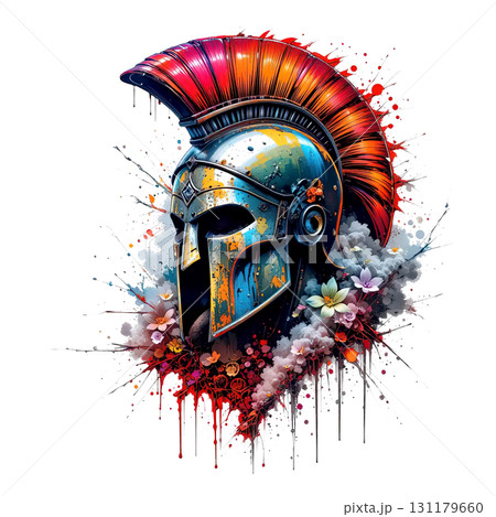 A bold, vibrant Spartan helmet with paint splatters and delicate flowers, a fusion of history and nature. 131179660