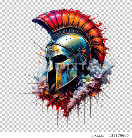A bold, vibrant Spartan helmet with paint splatters and delicate flowers, a fusion of history and nature. 131179660