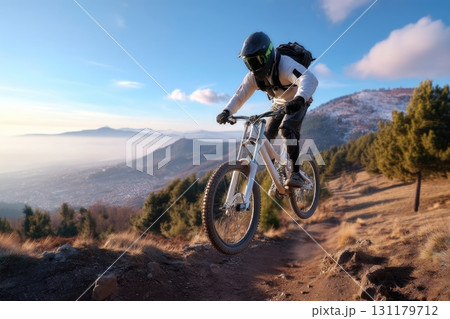 Mountain adventure: biker climb, trail ride, terrain challenge, slope path, uphill struggle, outdoor thrill, rocky landscape, gear movement, pedal journey, altitude effort, summit pursuit nature rush. 131179712