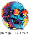 A vivid skull design wears stylish sunglasses that reflect a colorful sunset. The backdrop features lively hues of orange and purple, creating an eye-catching visual effect. 131179743