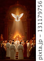 Pentecost reflection: Trinity feast, Spirit descent, Whit Monday, sacred celebration, holy gathering, divine presence, apostolic vision, solemn eve, heavenly message, spiritual renewal sacred harmony 131179756