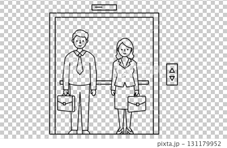 エレベーターに乗る男女ビジネスパーソンのアイコンイラスト 131179952