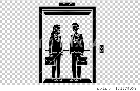 エレベーターに乗る男女ビジネスパーソンのアイコンイラスト エレベーターに乗る男女ビジネスパーソンのアイコンイラスト 131179958