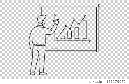 Illustration icon of a man giving a presentation using graphs at a meeting Illustration icon of a man giving a presentation using graphs at a meeting 131179972