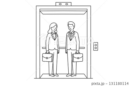 エレベーターに乗る男女ビジネスパーソンのアイコンイラスト 131180114