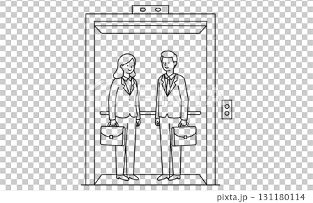エレベーターに乗る男女ビジネスパーソンのアイコンイラスト 131180114