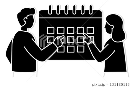 カレンダーを使ってスケジュールを確認する男女の線画イラストアイコン カレンダーを使ってスケジュールを確認する男女の線画イラストアイコン 131180115