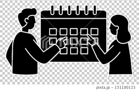 カレンダーを使ってスケジュールを確認する男女の線画イラストアイコン カレンダーを使ってスケジュールを確認する男女の線画イラストアイコン 131180115