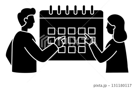 カレンダーを使ってスケジュールを確認する男女の線画イラストアイコン カレンダーを使ってスケジュールを確認する男女の線画イラストアイコン 131180117
