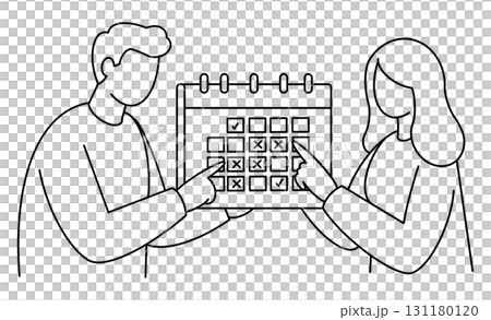 男人和女人使用日曆檢查日程安排的線條畫插圖圖標 131180120