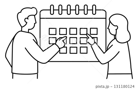 カレンダーを使ってスケジュールを確認する男女の線画イラストアイコン 131180124