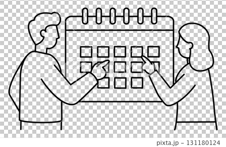 カレンダーを使ってスケジュールを確認する男女の線画イラストアイコン 131180124