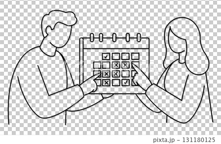 カレンダーを使ってスケジュールを確認する男女の線画イラストアイコン 131180125