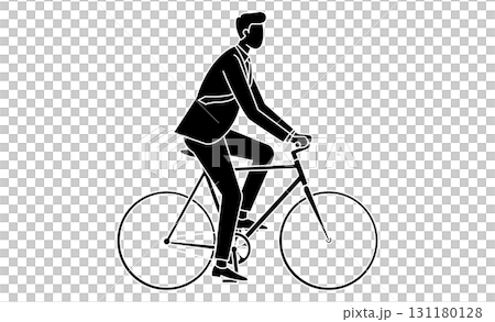 Line drawing illustration icon of a male businessman commuting by bicycle 131180128