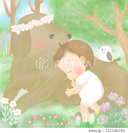 お花畑で眠る赤ちゃんとやさしく見守る犬 131180164