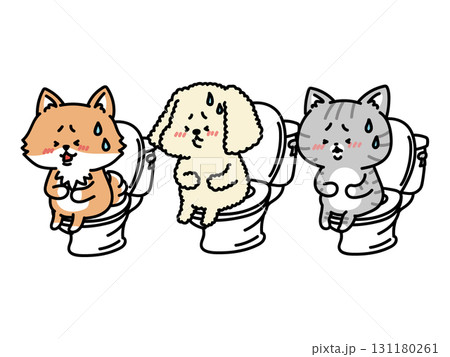 お腹が痛くてトイレにこもる犬猫トリオ 131180261