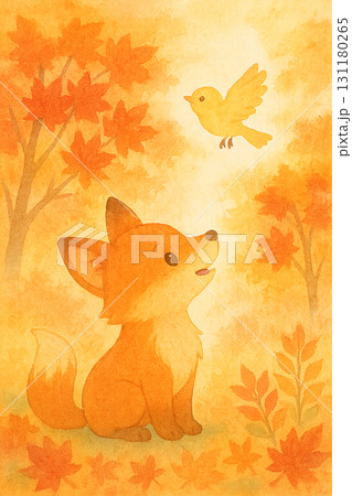 秋の森と小鳥を見上げるキツネの水彩イラスト素材 かわいい動物キャラクター 131180265