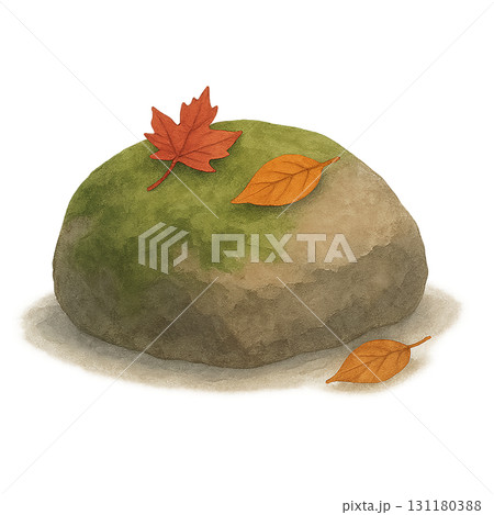 紅葉と苔むした石の水彩イラスト素材 秋の和風庭園モチーフ PNG 131180388