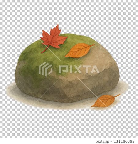 紅葉と苔むした石の水彩イラスト素材 秋の和風庭園モチーフ PNG 131180388