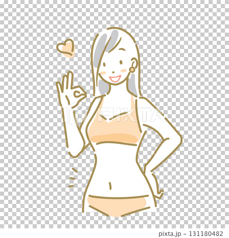 すっきりしたお腹まわりに満足する女性　ソフトなタッチのお洒落な水彩風線画イラスト 131180482