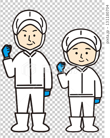 Middle-aged men and women working in a factory doing a fist pump 131180704