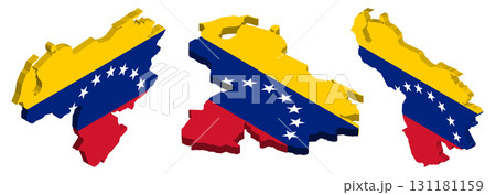 3D isometric illustration map of  Venezuela is shown with the national flag as a cover. The illustration includes isometric views from the top, left, and right.	 131181159