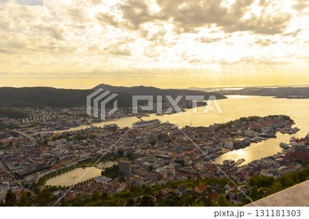 Bergen aerial panoramic view from Mount Floyen viewpoint, Norway. Bergen aerial panoramic view from Mount Floyen viewpoint, Norway. 131181303