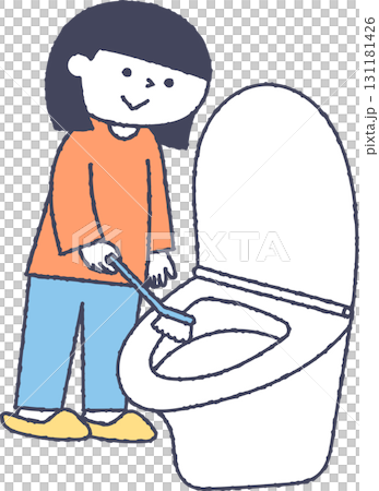 女孩用刷子清潔廁所 131181426