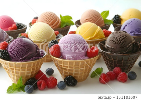 colorful ice cream scoops in bowls, crispy waffle cones 131181607