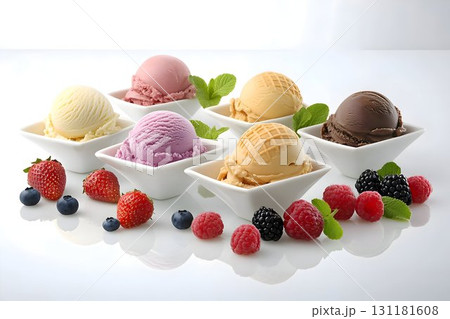 colorful ice cream scoops in bowls, crispy waffle cones 131181608