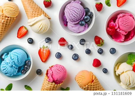 colorful ice cream scoops in bowls, crispy waffle cones 131181609