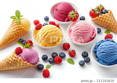 colorful ice cream scoops in bowls, crispy waffle cones 131181610