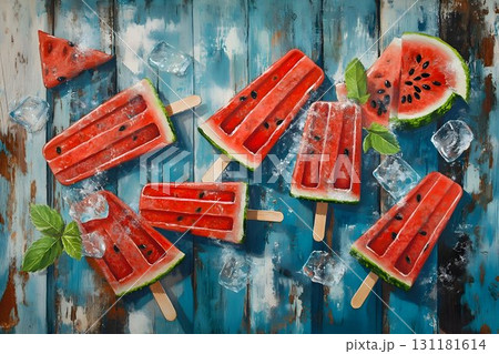 flat lay of delicious watermelon popsicles, wood blue 131181614
