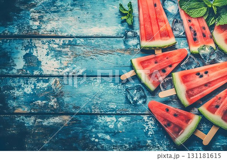 flat lay of delicious watermelon popsicles, wood blue 131181615