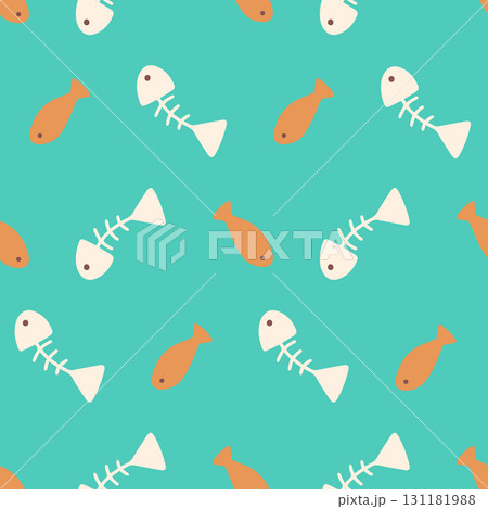 Fun seamless pattern of quirky fish and bones on a turquoise background. Great for childrens designs, pet themes, fabric, wallpaper, packaging, wrapping paper, and playful decorative projects. 131181988