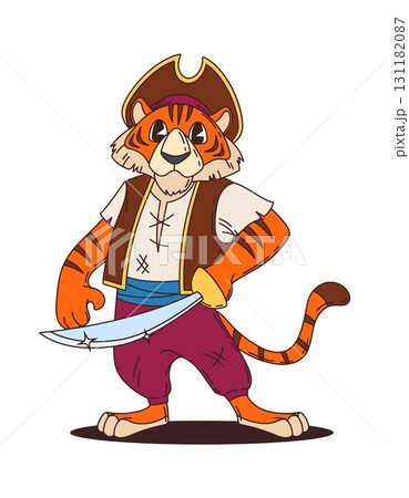 Cartoon tiger pirate character or corsair ship crew, vector animal personage. Tiger sailor in captain tricorne cocked hat with saber sword or dirk dagger as funny Caribbean corsair animal character Cartoon tiger pirate character or corsair ship crew, vector animal personage. Tiger sailor in captain tricorne cocked hat with saber sword or dirk dagger as funny Caribbean corsair animal character 131182087