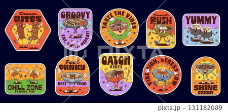Korean cuisine groovy label stickers and hippie asian food characters patches. Korean cuisine rice and noodle soup bowls vector groovy stickers. Cartoon bbq beef bulgogi, kimbap rolls and corn dog set Korean cuisine groovy label stickers and hippie asian food characters patches. Korean cuisine rice and noodle soup bowls vector groovy stickers. Cartoon bbq beef bulgogi, kimbap rolls and corn dog set 131182089