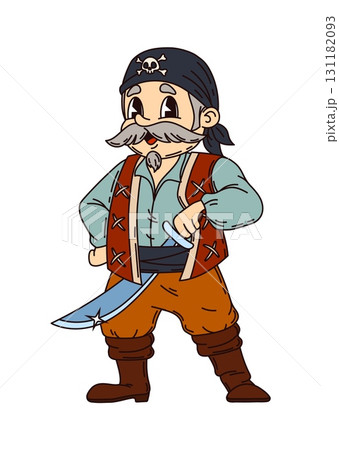 Retro cartoon groovy sailor, pirate and corsair funny character holds gleaming saber. Isolated vector skipper or sea boatswain filibuster personage with bandana and happy grin ready for sea adventures 131182093