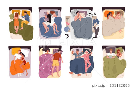 Couple in bed vector set of sleep and communication positions. Cartoon vector people cuddling, arguing, sleeping apart, chatting on phones or hugging under blankets, expressing emotion and relaxation Couple in bed vector set of sleep and communication positions. Cartoon vector people cuddling, arguing, sleeping apart, chatting on phones or hugging under blankets, expressing emotion and relaxation 131182096