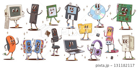 Cartoon groovy computer characters and tech gadgets. Vector desktop, keyboard, mouse and laptop. Floppy, cd or dvd, disk, microphone, speakers, headphones and game, console, cartridge with processor Cartoon groovy computer characters and tech gadgets. Vector desktop, keyboard, mouse and laptop. Floppy, cd or dvd, disk, microphone, speakers, headphones and game, console, cartridge with processor 131182117