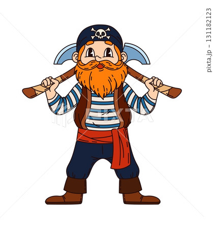 Groovy pirate or corsair character with axes and ship crew sailor, cartoon vector. Groovy funny Caribbean pirate character or corsair boatswain man with red beard in bandana with skull crossbones 131182123
