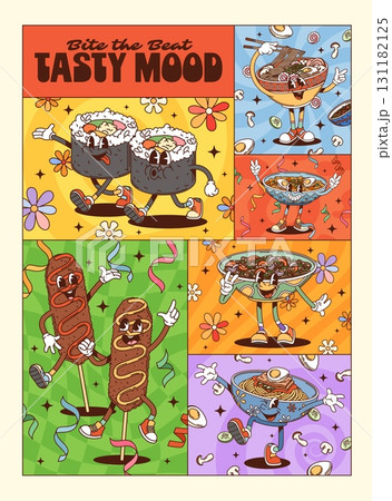 Korean cuisine groovy food characters posters. Cartoon vector collage showcasing dancing sushi rolls, noodle bowls, ramen and corn dogs surrounded by flowers, streamers, and a festive retro backdrop Korean cuisine groovy food characters posters. Cartoon vector collage showcasing dancing sushi rolls, noodle bowls, ramen and corn dogs surrounded by flowers, streamers, and a festive retro backdrop 131182125