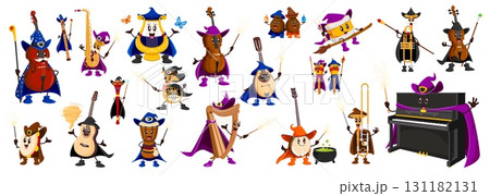 Cartoon Halloween mages and wizard musical instrument characters. Piano, double bass, violin, banjo, harp, guitar and mandolin. Trombone, saxophone, french horn or tuba, maracas, drum, djembe or flute Cartoon Halloween mages and wizard musical instrument characters. Piano, double bass, violin, banjo, harp, guitar and mandolin. Trombone, saxophone, french horn or tuba, maracas, drum, djembe or flute 131182131