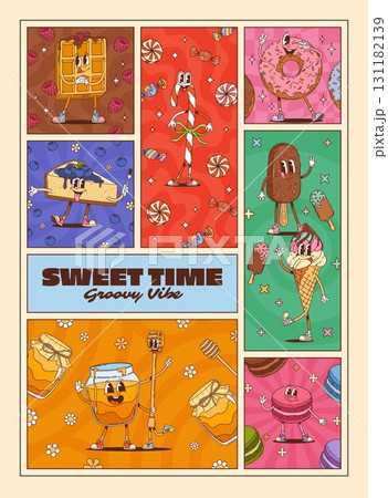 Posters with groovy sweets and dessert characters. Cartoon collage with y2k waffles, cheesecake, ice cream, candy canes, macarons and honey jar treats dancing with hippie celebration and joyful vibes 131182139