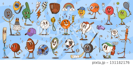 Cartoon groovy sport characters. Vector retro y2k sports equipment and accessories, basketball, baseball, soccer balls, hockey puck, racket, glove and cap celebrating victory with medals and trophies 131182176